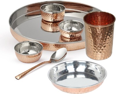 KUBER INDUSTRIES Pack of 7 Copper Decorative Traditional Hammered Steel/Copper Thali Dinner set 8 Pcs (Dinner Plate+3 Bowl+Rice Plate+Drinking Glass+Spoon) CTH06 Dinner Set(Gold)