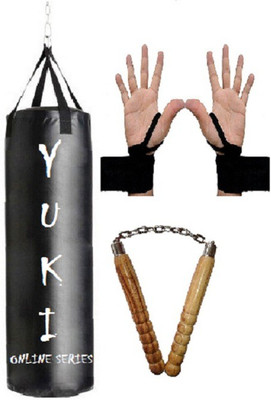 

YUKI Online Series 2.0 Feet Long, Synthetic Leather Material, Black Color, Unfilled with Hanging Straps with 9 Feet Long Black Color Hand Wraps Pair & Wooden Handle Non Chaku Boxing Kit