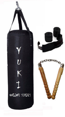 

YUKI Online Series 4.5 Feet Long, Canvas Material, Black Color, Unfilled with Hanging Straps with 9 Feet Long Black Color Hand Wraps Pair & Wooden Handle Non Chaku Boxing Kit