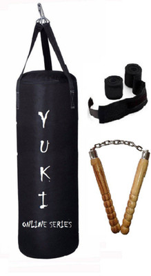 

YUKI Online Series 3.5 Feet Long, Canvas Material, Black Color, Unfilled with Hanging Straps with 9 Feet Long Black Color Hand Wraps Pair & Wooden Handle Non Chaku Boxing Kit