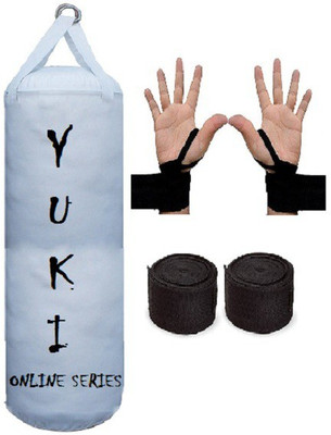 

YUKI Online Series 4.0 Feet Long, PU Material, White Color, Unfilled with Hanging Straps with 9 Feet Long Black Color Hand Wraps Pair Boxing Kit