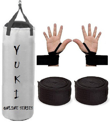 

YUKI Online Series 1.5 Feet Long, Synthetic Leather Material, White Color, Unfilled with Hanging Straps with 9 Feet Long Black Color Hand Wraps Pair Boxing Kit