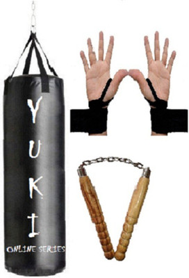 

YUKI Online Series 5.0 Feet Long, Synthetic Leather Material, Black Color, Unfilled with Hanging Straps with 9 Feet Long Black Color Hand Wraps Pair & Wooden Handle Non Chaku Boxing Kit