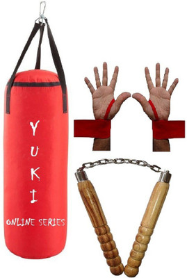 

YUKI Online Series 2.0 Feet Long, PU Material, Red Color, Unfilled with Hanging Straps with 9 Feet Long Red Color Hand Wraps Pair & Wooden Handle Non Chaku Boxing Kit