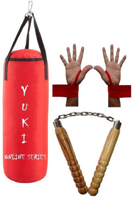 

YUKI Online Series 2.5 Feet Long, PU Material, Red Color, Unfilled with Hanging Straps with 9 Feet Long Red Color Hand Wraps Pair & Wooden Handle Non Chaku Boxing Kit