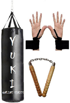

YUKI Online Series 1.5 Feet Long, Synthetic Leather Material, Black Color, Unfilled with Hanging Straps with 9 Feet Long Black Color Hand Wraps Pair & Wooden Handle Non Chaku Boxing Kit