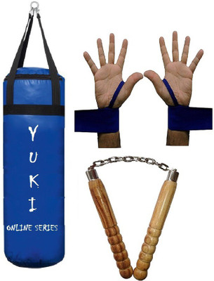 

YUKI Online Series 1.5 Feet Long, PU Material, Blue Color, Unfilled with Hanging Straps with 9 Feet Long Blue Color Hand Wraps Pair & Wooden Handle Non Chaku Boxing Kit