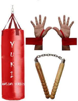 

YUKI Online Series 1.5 Feet Long, Synthetic Leather Material, Red Color, Unfilled with Hanging Straps with 9 Feet Long Red Color Hand Wraps Pair & Wooden Handle Non Chaku Boxing Kit