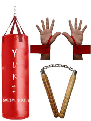 

YUKI Online Series 3.0 Feet Long, Synthetic Leather Material, Red Color, Unfilled with Hanging Straps with 9 Feet Long Red Color Hand Wraps Pair & Wooden Handle Non Chaku Boxing Kit
