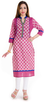 

Halowishes Casual Checkered Women's Kurti(Pink)