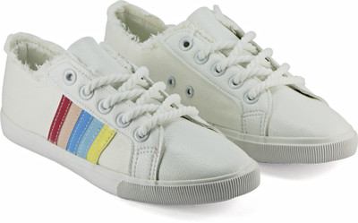

DeVEE Multicolour Striped Detailing White Canvas Shoes For Women(White, Multicolor