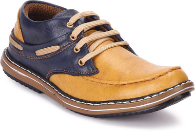 

MOONSTER Men's Ankle Length Leather Boat Shoes, Casuals, Outdoors (Tan, Blue) Casuals For Men(Tan, Blue