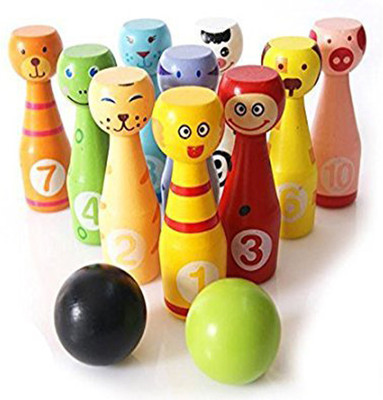 

Sanyal Wooden Bowling Ball Set Toy With 10 different Animals Pins And 2 color Ball For Kids Babies Bowling