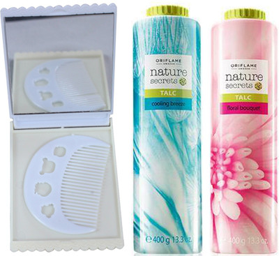 

Oriflame Sweden Nature Secrets Talc Floral Bouquet & Cooling Breeze (400+400g) (25441+25445) With Comb & Mirror Set(Set of 4)