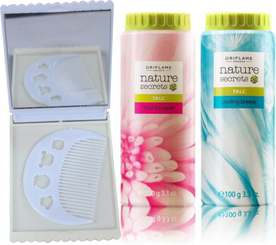 

Oriflame Sweden Nature Secrets Talc Floral Bouquet & Cooling Breeze (100+100g) (25440+25444) With Comb & Mirror Set(Set of 4)