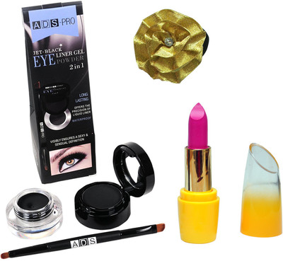 

ADS Jet Black 2 In 1 Long Lasting / Waterproof Black Color Eyeliner Gel And Eye Powder, Lipstick and Band(Set of 3)