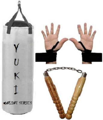 

YUKI Online Series 5.0 Feet Long, Synthetic Leather Material, White Color, Unfilled with Hanging Straps with 9 Feet Long Black Color Hand Wraps Pair & Wooden Handle Non Chaku Boxing Kit