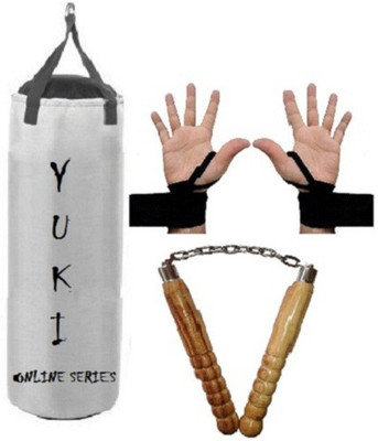 

YUKI Online Series 3.5 Feet Long, Synthetic Leather Material, White Color, Unfilled with Hanging Straps with 9 Feet Long Black Color Hand Wraps Pair & Wooden Handle Non Chaku Boxing Kit