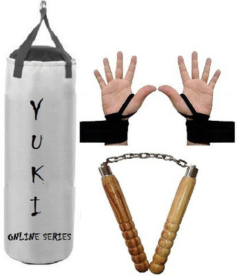 

YUKI Online Series 1.5 Feet Long, Synthetic Leather Material, White Color, Unfilled with Hanging Straps with 9 Feet Long Black Color Hand Wraps Pair & Wooden Handle Non Chaku Boxing Kit