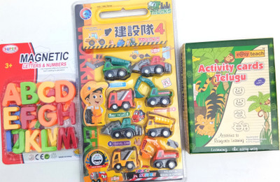 

Aparnas Montessori Educational Learning Toys magnetic alphabets abc,telugu activity cards and colourful trucks for kids learning in an intresting way(Multicolor)