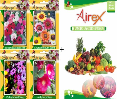 Airex Petunia Mixed, Chrysanthemum, Hollyhock and Daisy Mixed Flower Seeds + Humic Acid Fertilizer (For Growth of All Plant and Better Responce) 15 gm Humic Acid + Pack Of 20 Seeds * 4 Per Packet Seed(20 per packet)