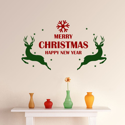 Asian Paints 0 cm MERRY CHRISTMAS AND HAPPY NEW YEAR with Galloping Reindeers on Side Wallsticker(PVC, Vinyl 76.20cm*30.48cm, Maroon&Green) Removable Sticker(Pack of 1)