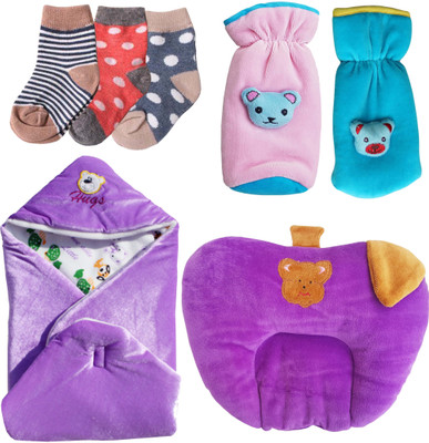 

My New Born Daily Use pack having 1 baby wrapper, 2 feeding bottle covers, 1 mustard seed filled pillow and 3 pairs of socks for babies(Multicolor)