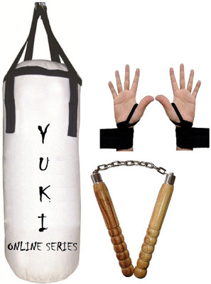 

YUKI Online Series 4.5 Feet Long, CANVAS Material, White Color, Unfilled with Hanging Straps with 9 Feet Long Black Color Hand Wraps Pair & Wooden Handle Non Chaku Boxing Kit