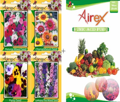 Airex Petunia Mixed, Chrysanthemum, Larkspur Fire Mixed and Pansy Flower Seeds + Humic Acid Fertilizer (For Growth of All Plant and Better Responce) 15 gm Humic Acid + Pack Of 20 Seeds * 4 Per Packet Seed(20 per packet)