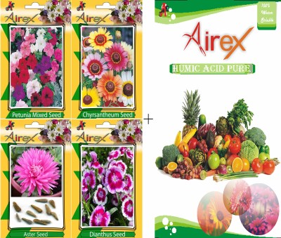 Airex Petunia Mixed, Chrysanthemum, Dianthus and Aster Flower Seeds + Humic Acid Fertilizer (For Growth of All Plant and Better Responce) 15 gm Humic Acid + Pack Of 20 Seeds * 4 Per Packet Seed(20 per packet)