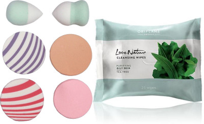 

Oriflame Sweden Love Nature Cleansing Wipes Tea Tree 25 pcs (31078) With Puff Sponge(Set of 7)