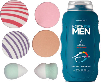 

Oriflame Sweden North for Men Unlimited Hair,Body&Face Wash 250ml ( 33160 ) With Puff Sponge(Set of 7)