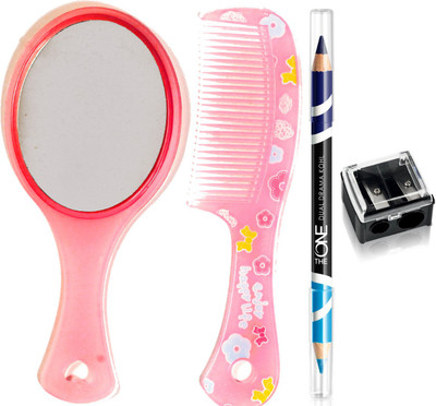 

Oriflame Sweden The ONE Dual Drama Kohl Eye Pencil 1.65g ( Cyan Navy - 33255 ) & Dual Pencil Sharpener (27730) With Mirror & Comb Set(Set of 4)