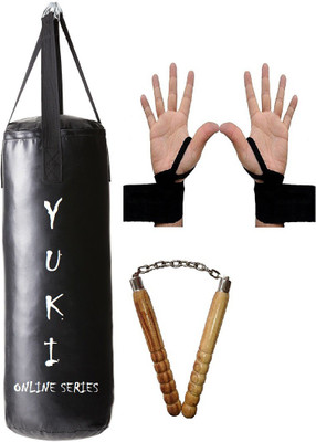 

YUKI Online Series 4.0 Feet Long, PU Material, Black Color, Unfilled with Hanging Straps with 9 Feet Long Black Color Hand Wraps Pair & Wooden Handle Non Chaku Boxing Kit