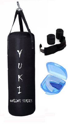 

YUKI Online Series 5.0 Feet Long, CANVAS Material, Black Color, Unfilled with Hanging Straps, 9 Feet Long Black Color Hand Wraps Pair & Mouth Guard Boxing Kit