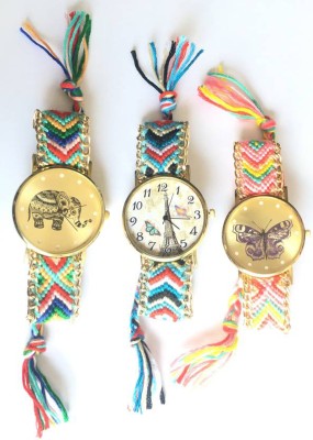 Freny Exim Set Of 3 Beautiful And Colourful Fabric Comfortable Strap With Unique Elephant And Effiltower And Butterfly Dial Fancy Watch  - For Girls   Watches  (Freny Exim)