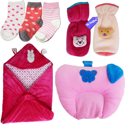 

My New Born Daily Use pack having 1 baby wrapper, 2 feeding bottle covers, 1 mustard seed filled pillow and 3 pairs of socks for babies(Multicolor)