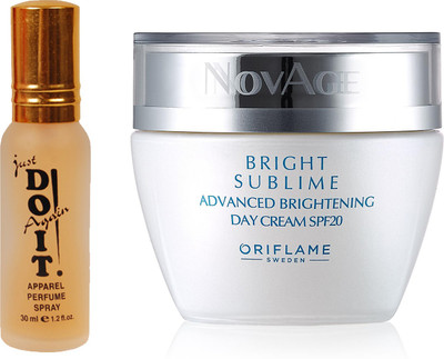 

Oriflame Sweden NovAge Bright Sublime Advanced Brightening Day Cream SPF20 50ml (32803) With Just Doit Perfume 30ml(Set of 2)
