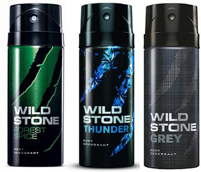 

Wild Stone Grey, Forest Spice and Thunder Deodorant Spray Pack of 3 Combo (150ML each) Deodorant Spray - For Men(450 ml, Pack of 3)