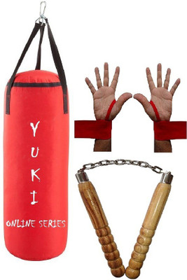 

YUKI Online Series 5.0 Feet Long, PU Material, Red Color, Unfilled with Hanging Straps with 9 Feet Long Red Color Hand Wraps Pair & Wooden Handle Non Chaku Boxing Kit