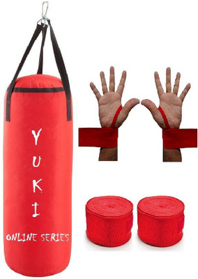 

YUKI Online Series 2.5 Feet Long, PU Material, Red Color, Unfilled with Hanging Straps with 9 Feet Long Red Color Hand Wraps Pair Boxing Kit
