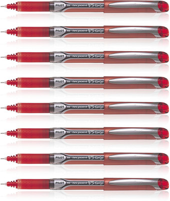 PILOT Hi-tecpoint V5 Grip Roller Ball Pen(Pack of 8, Ink Color - Red)