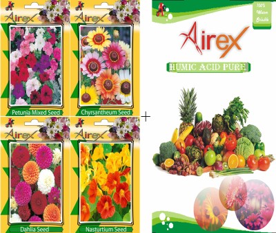 Airex Petunia Mixed, Chrysanthemum, Nasturtium and Dahlia Flower Seeds + Humic Acid Fertilizer (For Growth of All Plant and Better Responce) 15 gm Humic Acid + Pack Of 20 Seeds * 4 Per Packet Seed(20 per packet)