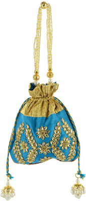 Tooba Handicraft Tooba Handicraft Party Wear Hand Embroidered Box Clutch Bag Purse Potli For Bridal, Casual, Party , Wedding Potli(Blue)