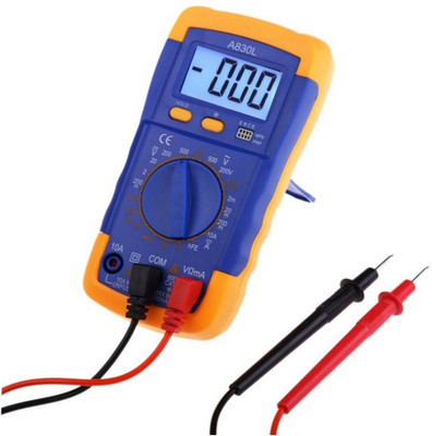 

BalRama New Arrival A830L Measure AC / DC Voltage, DC Current, Resistance, Continuity Beeper, Diode / Transistor / On-Off Test Multitester with Data Hold + Back Light LCD Display + Low Battery Indicator + 9volt Battery + Voltmeter Leads Blue Yellow Unity 