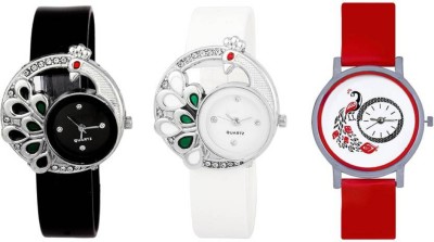 Ismart Miss Perfect Black and white Peacock and Red print peacock pack of 3 Watch  - For Girls   Watches  (Ismart)
