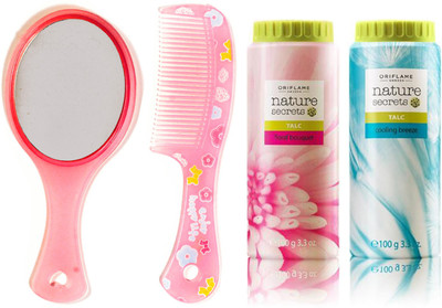 

Oriflame Sweden Nature Secrets Talc Floral Bouquet & Cooling Breeze (100+100g) (25440+25444) With Mirror & Comb Set(Set of 4)