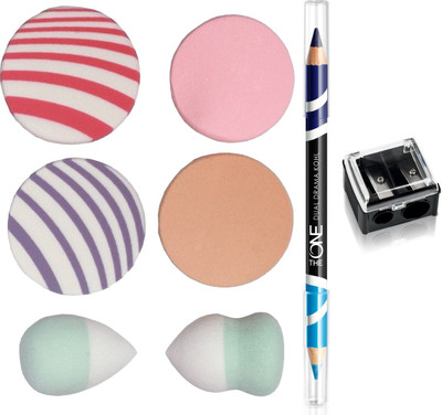 

Oriflame Sweden The ONE Dual Drama Kohl Eye Pencil 1.65g ( Cyan Navy - 33255 ) & Dual Pencil Sharpener (27730) With Puff Sponge(Set of 8)