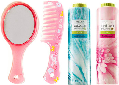 

Oriflame Sweden Nature Secrets Talc Floral Bouquet & Cooling Breeze (400+400g) (25441+25445) With Mirror & Comb Set(Set of 4)