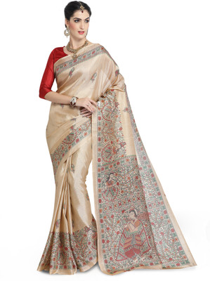 Divastri Printed Madhubani Cotton Blend, Poly Silk Saree(Red, Beige) Divastri Printed Madhubani Cotton Blend, Poly Silk Saree(Red, Beige)